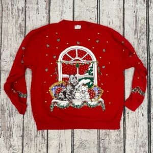 Vintage Holiday Time Dogs Ugly Christmas Sweater Xmas 1990s Red Sweatshirt